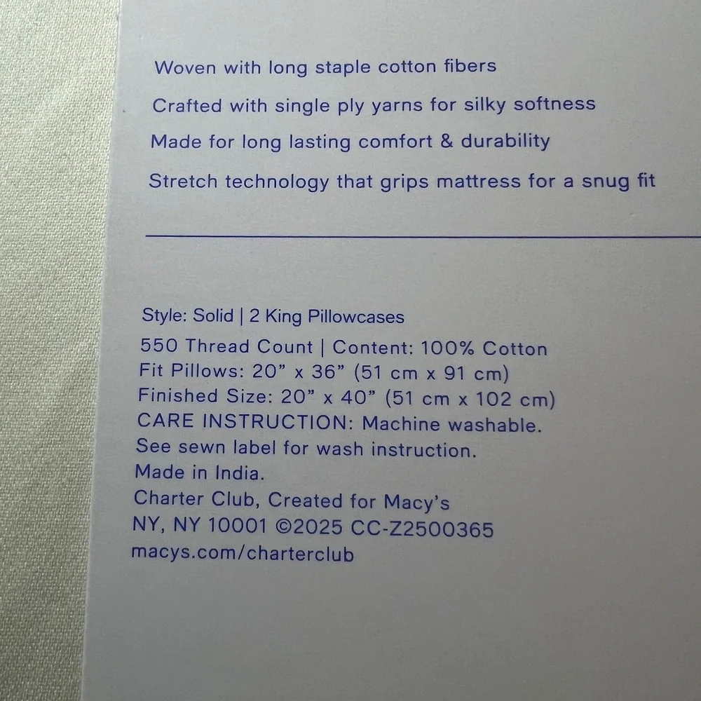 Charter Club Damask 550 TC King Pillowcase Set 2pc Cotton Natural‎ Cream India